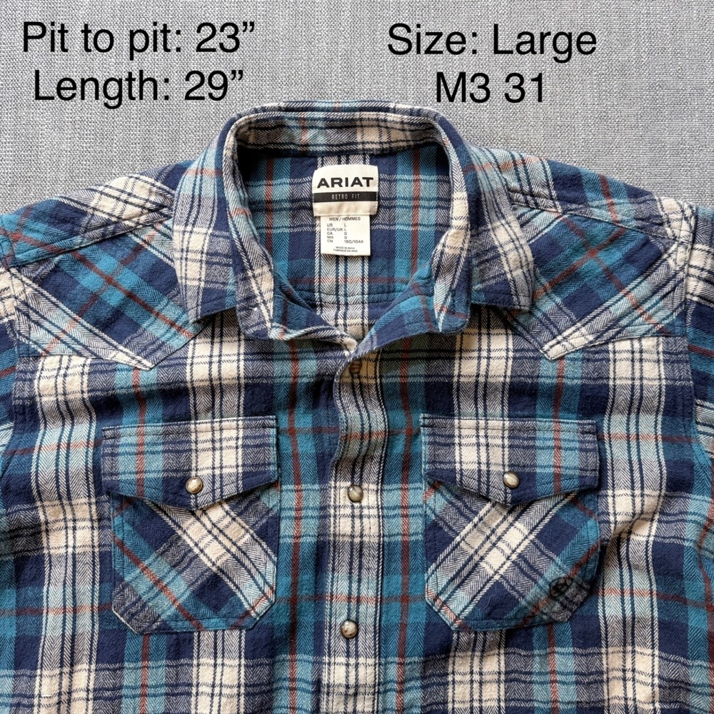Ariat Retro Fit Mens Large Blue Plaid Western Pearl Snap Flannel Shirt M3 31 - Picture 2 of 3